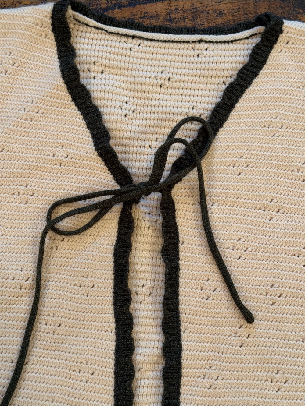 Women's Cream Crochet Tie-Front Sweater Vest with Black Trim - Picture 3 of 6